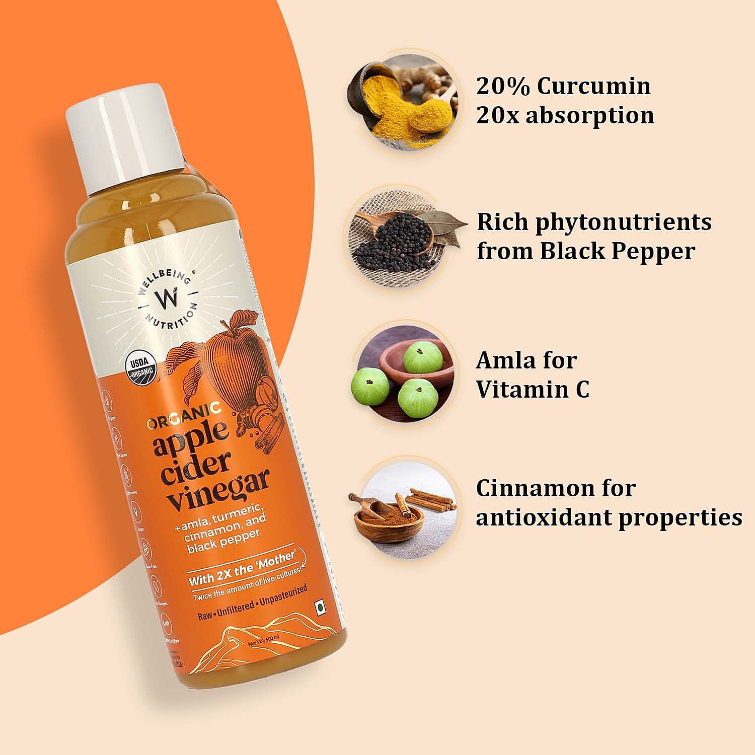 Set of 2 - Wellbeing Nutrition Organic Apple Cider Vinegar with Amla, Cinnamon, Turmeric and Black Pepper- 500 ml