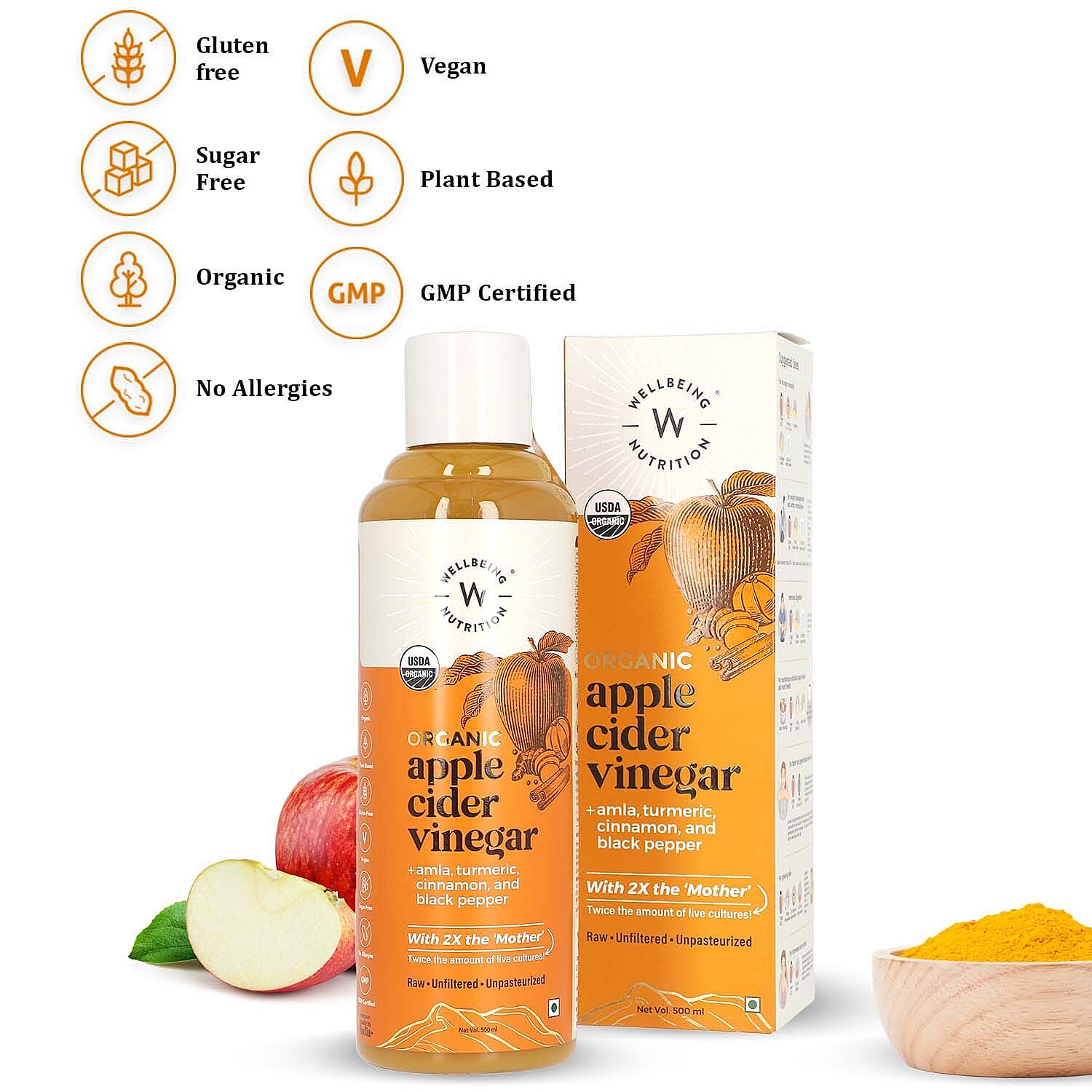 Set of 2 - Wellbeing Nutrition Organic Apple Cider Vinegar with Amla, Cinnamon, Turmeric and Black Pepper- 500 ml