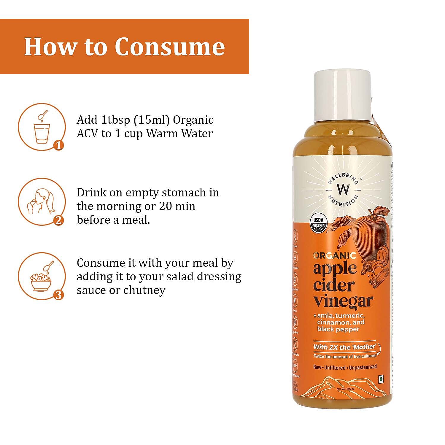 Set of 2 - Wellbeing Nutrition Organic Apple Cider Vinegar with Amla, Cinnamon, Turmeric and Black Pepper- 500 ml