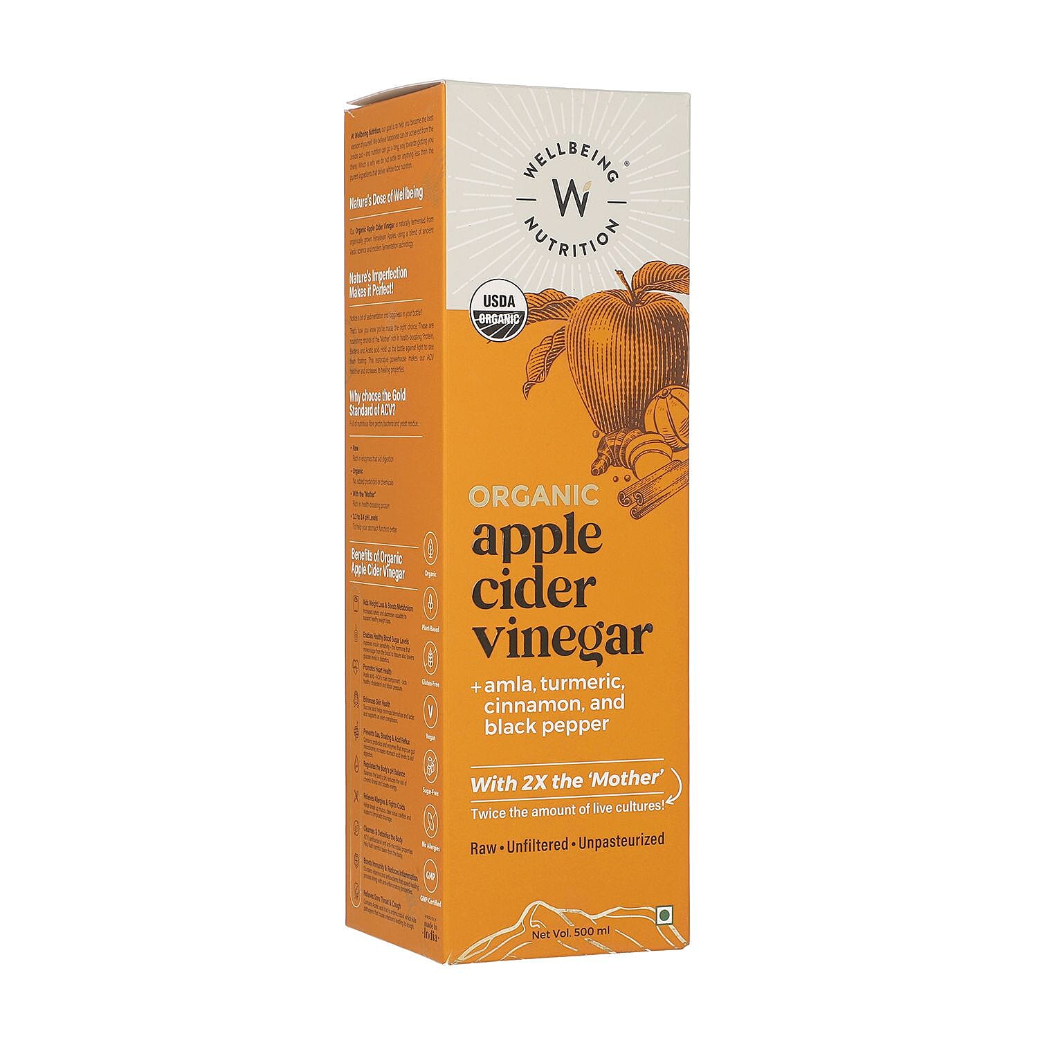Set of 2 - Wellbeing Nutrition Organic Apple Cider Vinegar with Amla, Cinnamon, Turmeric and Black Pepper- 500 ml