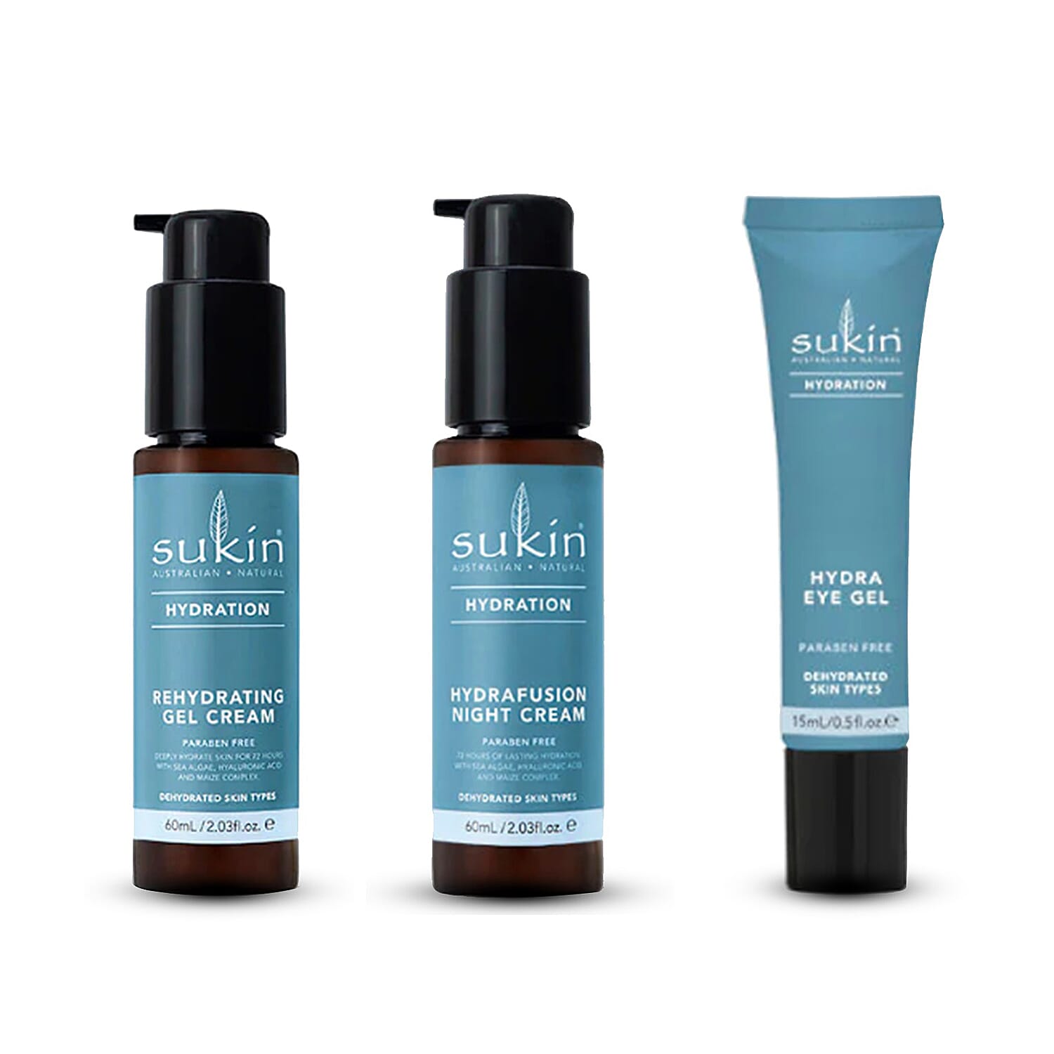 Sukin Hydration Set - Rehydrating Gel Cream - 60ml, Hydrafusion Night Cream - 60ml and Hydra Eye Gel - 15ml