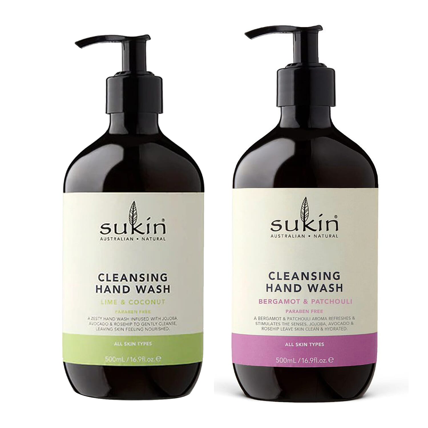 Sukin- Cleansing Hand Wash Bergamot & Patchouli - 500ml and Lime & Coconut Handwash - 500ml