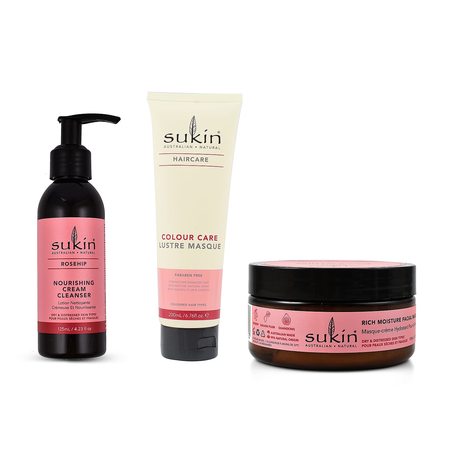 Sukin-Rosehip Rich Moisture Facial Masque - 100ml, Rose Hip Cream Cleanser - 125ml and Care Masque - 200ml