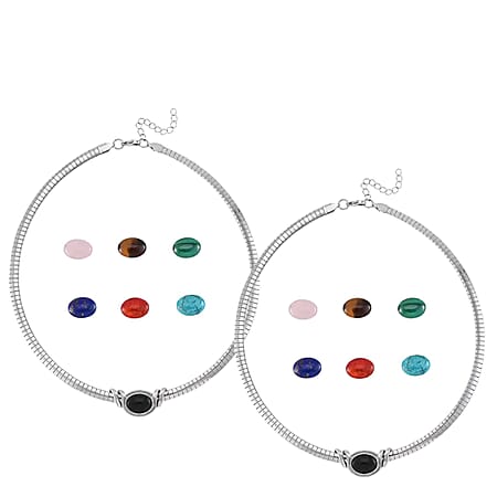 Set of 2 - Multi Gemstones Interchangeable Necklace (18 - 20 Inch) in Pure White Stainless Steel