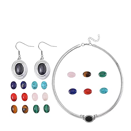 Multi Gemstones Interchangeable Necklace (18 - 20 Inch) and Drop Earrings in Pure White Stainless Steel