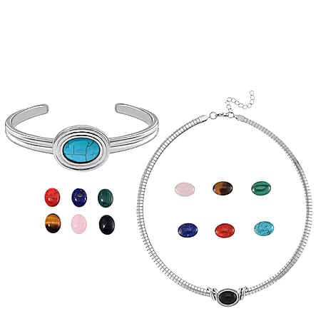 Multi Gemstones Interchangeable Necklace (18 - 20 Inch) and Bangle in Pure White Stainless Steel