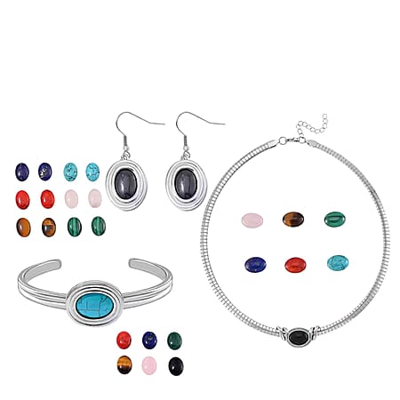 Multi Gemstones Interchangeable Necklace (18 - 20 Inch), Drop Earrings and Bangle in Pure White Stainless Steel