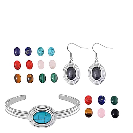 Multi Gemstones Interchangeable Drop Earrings and Bangle in Pure White Stainless Steel