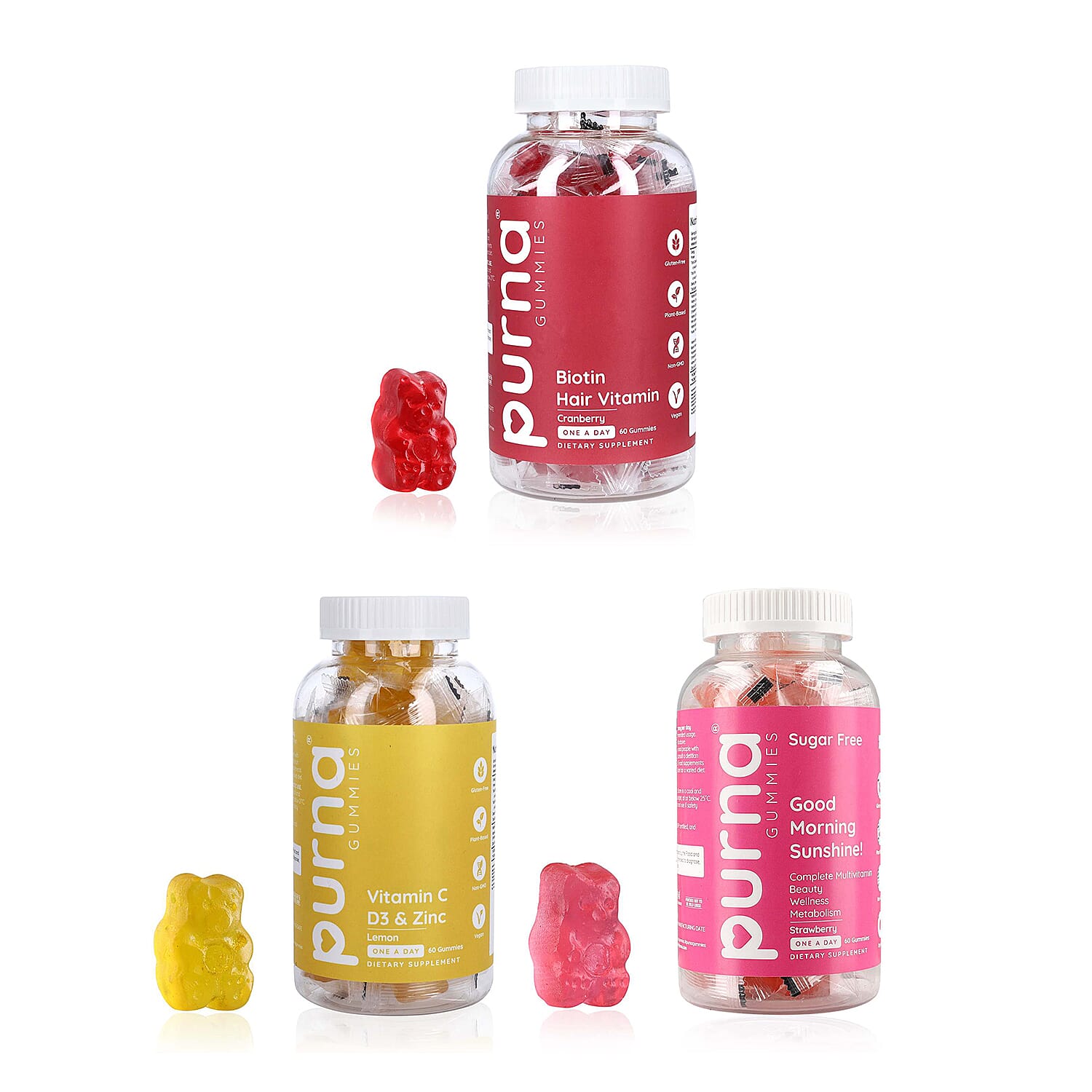 Purna Set of 3 - Strawberry Flavored Multivitamin, Lemon Flavoured Vitamin C and Biotin Cranberry Gummies (60 Gummies each)