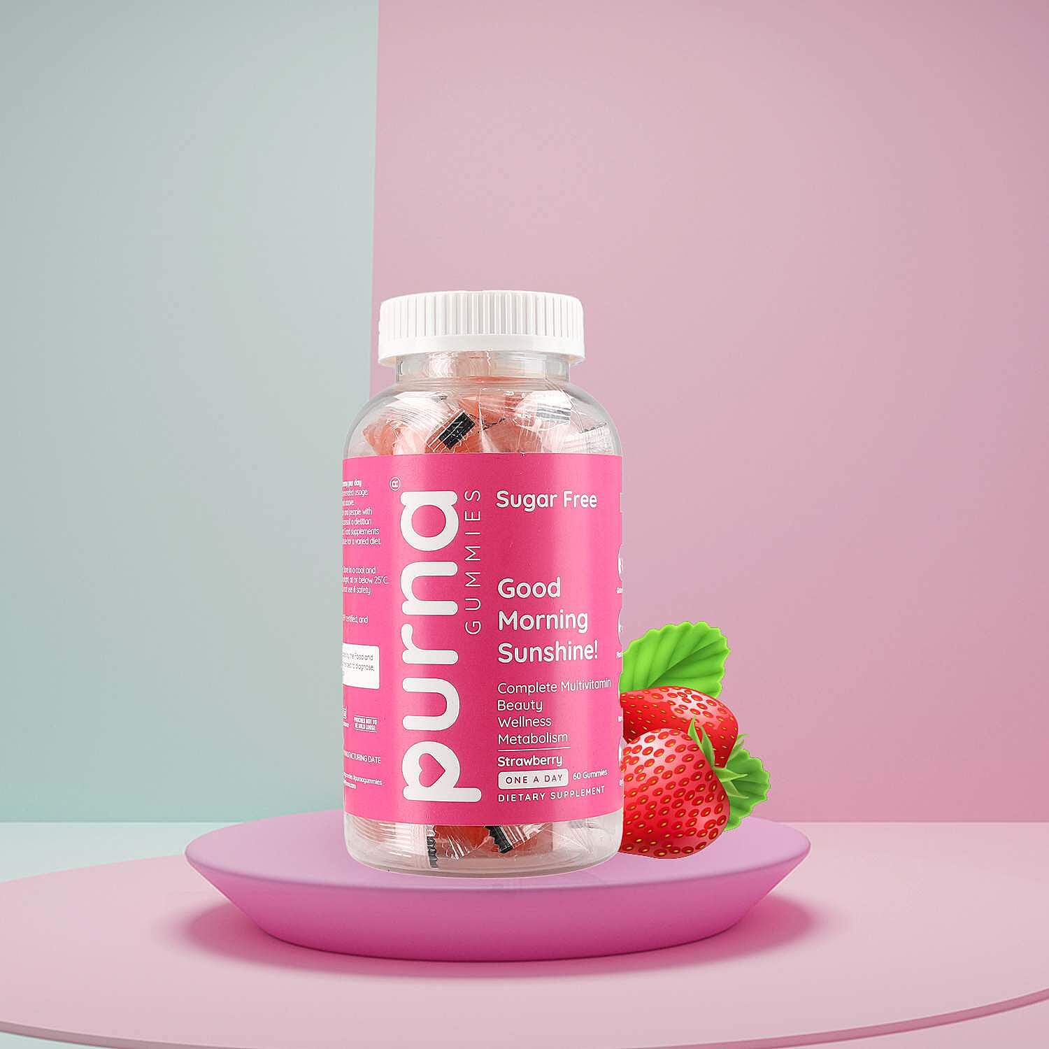Purna Set of 3 - Strawberry Flavored Multivitamin, Lemon Flavoured Vitamin C and Biotin Cranberry Gummies (60 Gummies each)