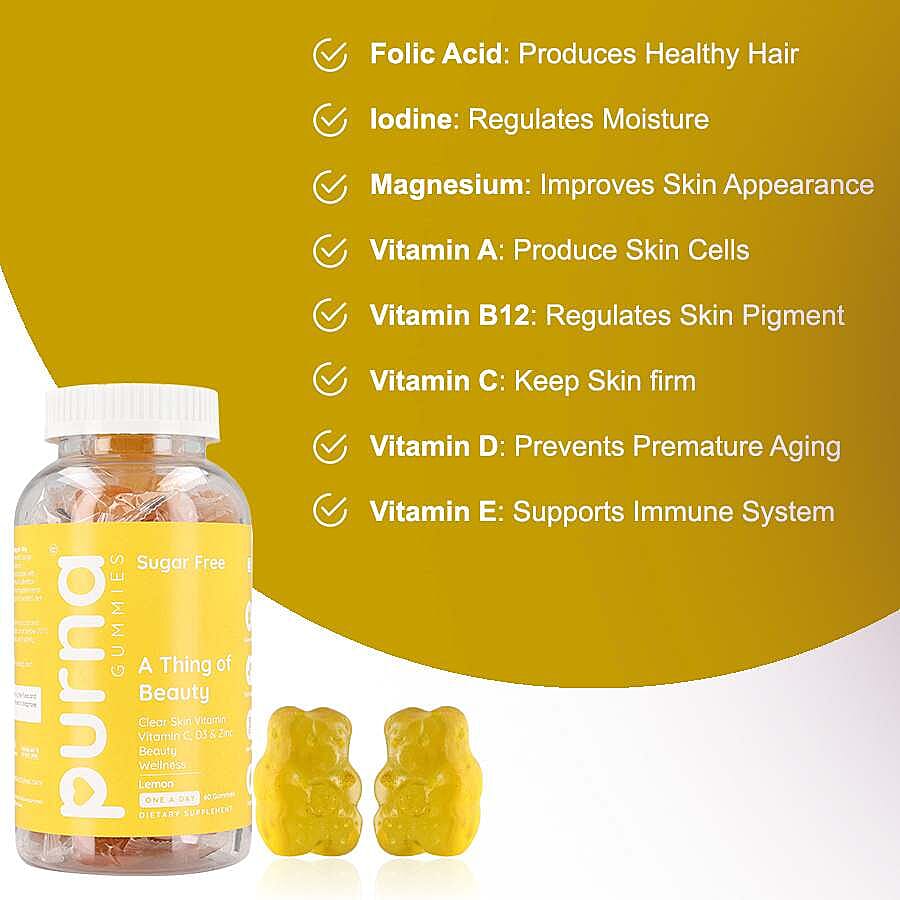 Purna Set of 3 - Strawberry Flavored Multivitamin, Lemon Flavoured Vitamin C and Biotin Cranberry Gummies (60 Gummies each)