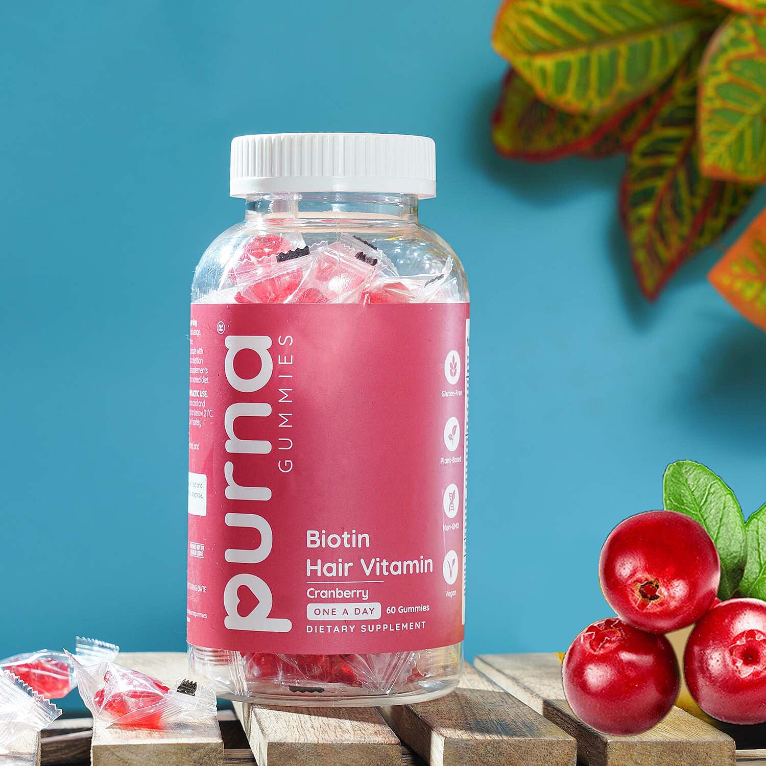 Purna Set of 3 - Strawberry Flavored Multivitamin, Lemon Flavoured Vitamin C and Biotin Cranberry Gummies (60 Gummies each)