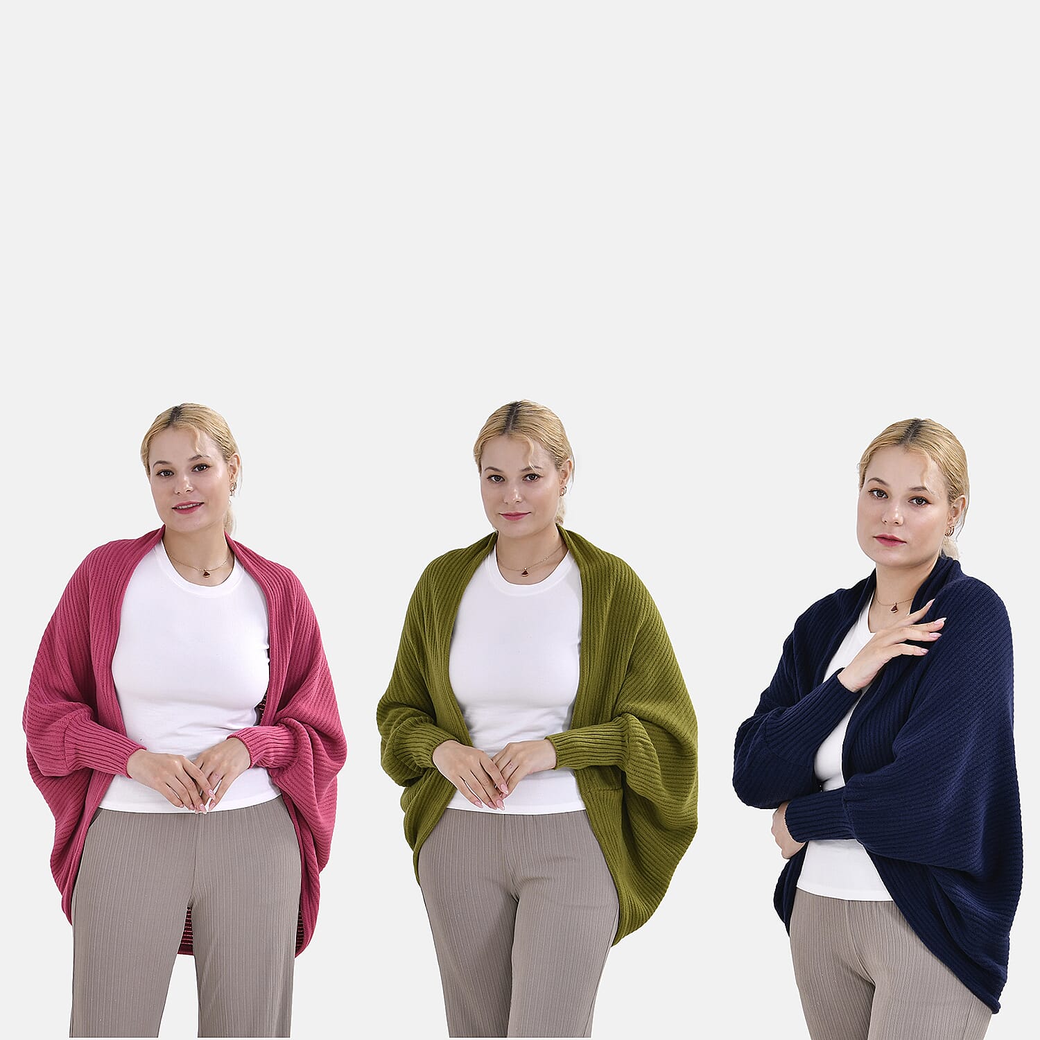 Set of 3 TAMSY Batwing Sleeve Cardigans - Green, Pink and Navy