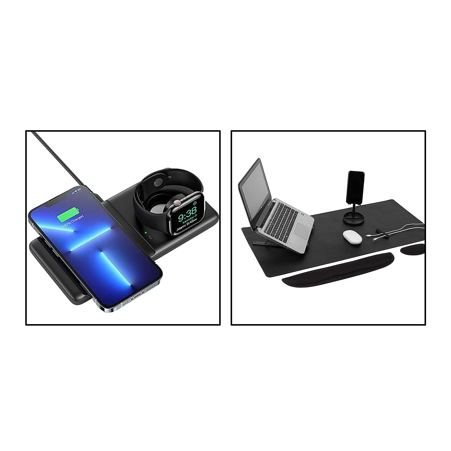 Black Wireless Charging Station for Phone and Smartwatch with INTEMPO Studio 6-in-1 Set (Desk Mat, Laptop Riser Cable Tidy, 2 Wrist Support & Phone Holder)