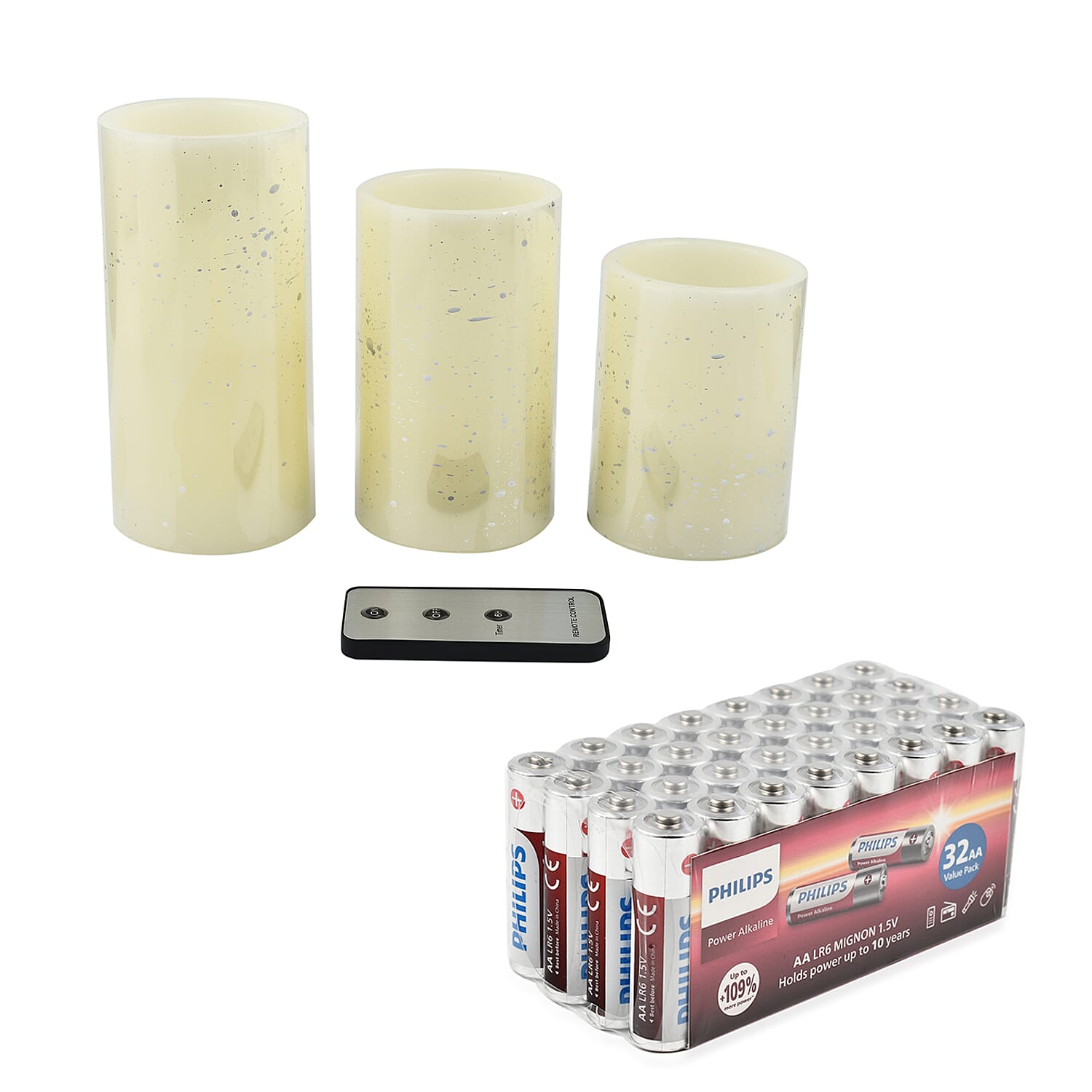 3 Pcs Speckled LED Candle Set with Remote - Hand Made with Wax (6 X AA Battery needed) and Set of 32 Philips Value Pack Extra Power Alkaline Batteries AA