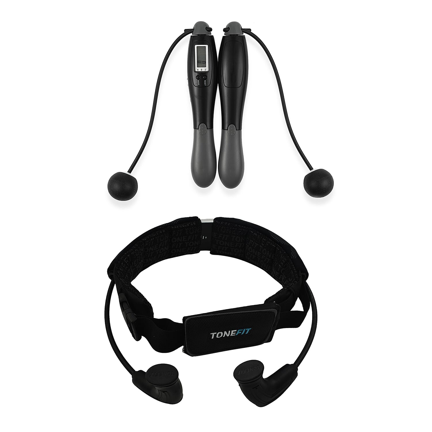 TONEFIT Multifunctional Running Belt (Cross Trainer For Full Body Workout - Treadmill or Outside Running) and Digital Skipping Rope With & Without Rope - Black & Grey