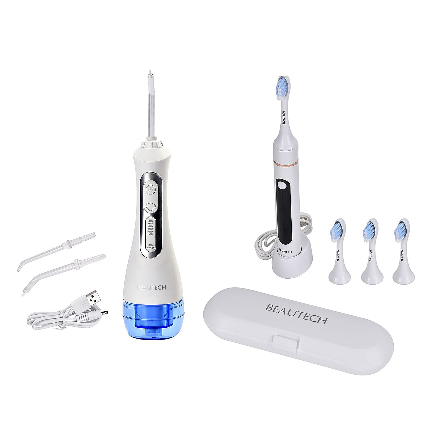 Beautech Dental Bundle - Water Flosser with 3 Heads and IPX7 Waterproof AND LED 5 Mode Toothbrush with 4 Replacement Brush Heads and Dual Charging Options