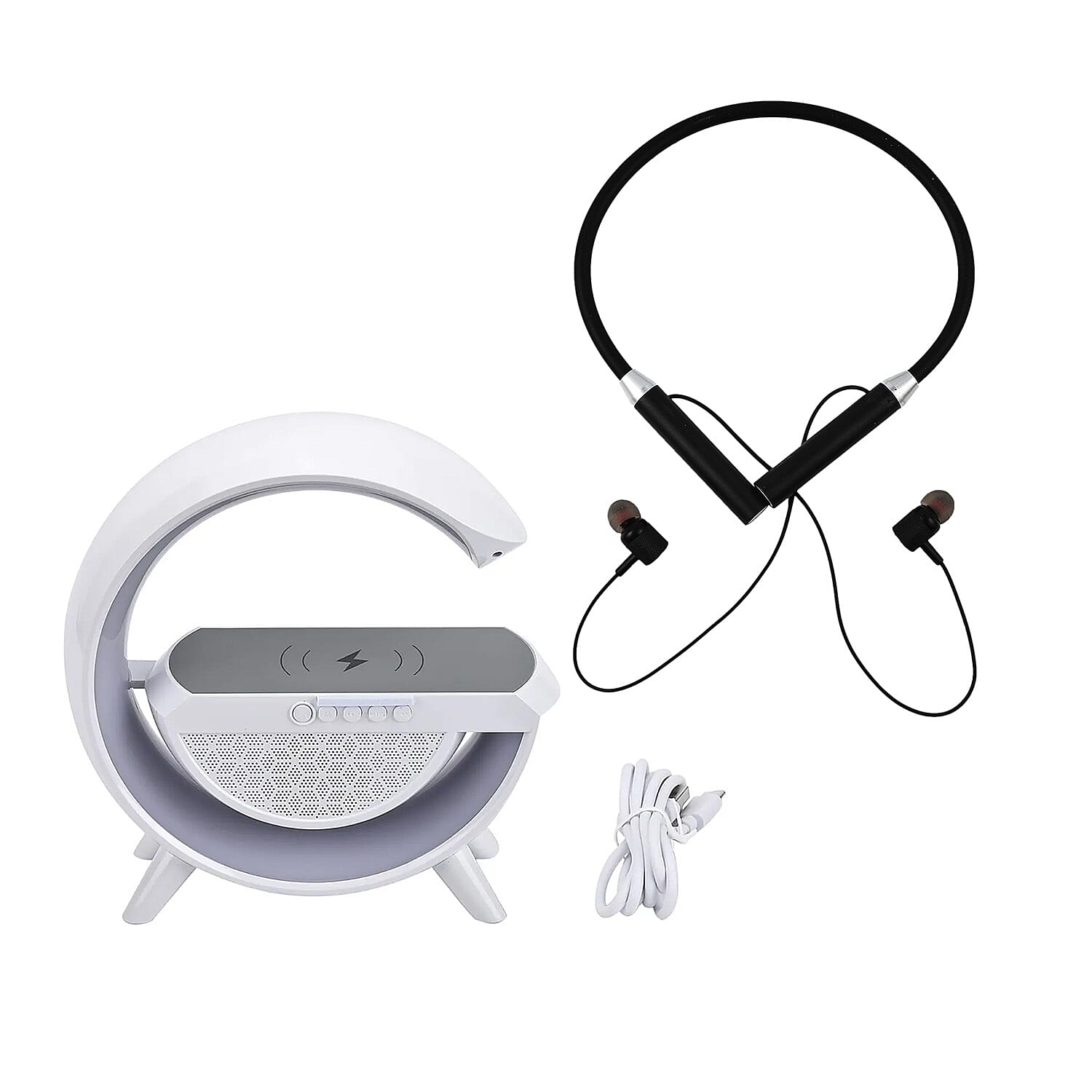 LED Wireless Charging Speaker With FM Radio and Wireless Bluetooth Neckband Earbuds - Black