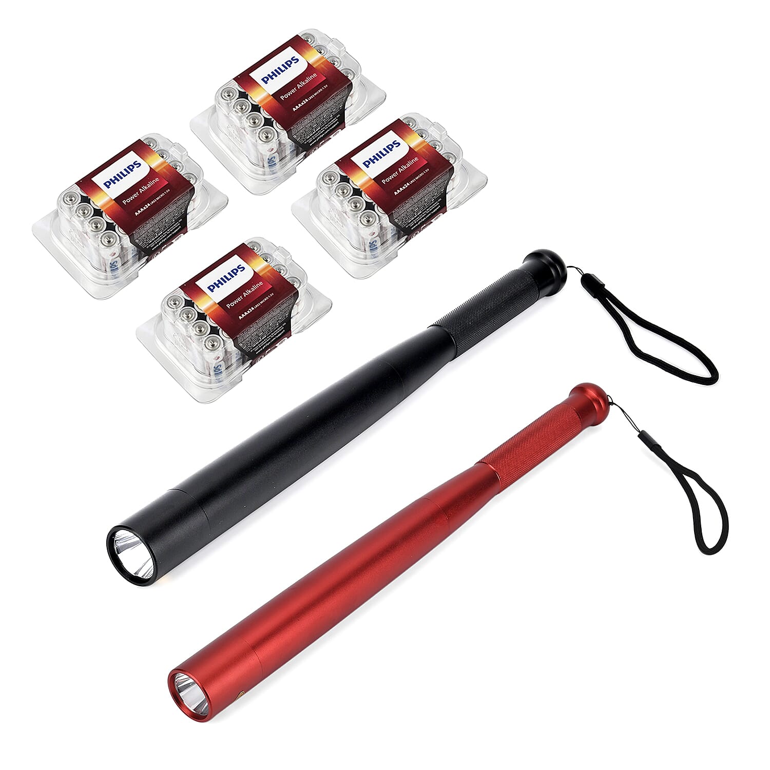 Set of 24 Philips 3 X Extra Power Alkaline Batteries - AAA and 2 Aluminum Hand-Held LED Torch with 3 Lighting Modes (Battery 3xAAA required) - Black and Red
