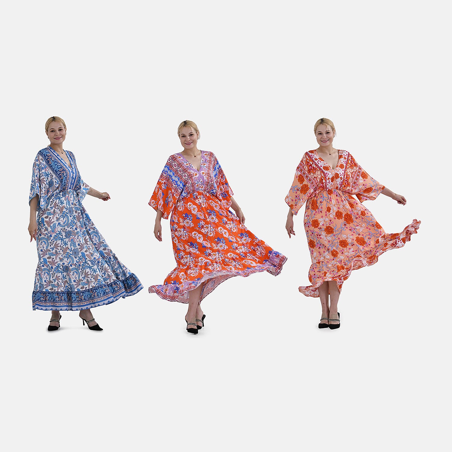 Set of 3 - TAMSY Mixed Printed Elastic Waist Maxi Dress in Red, Blue and Orange