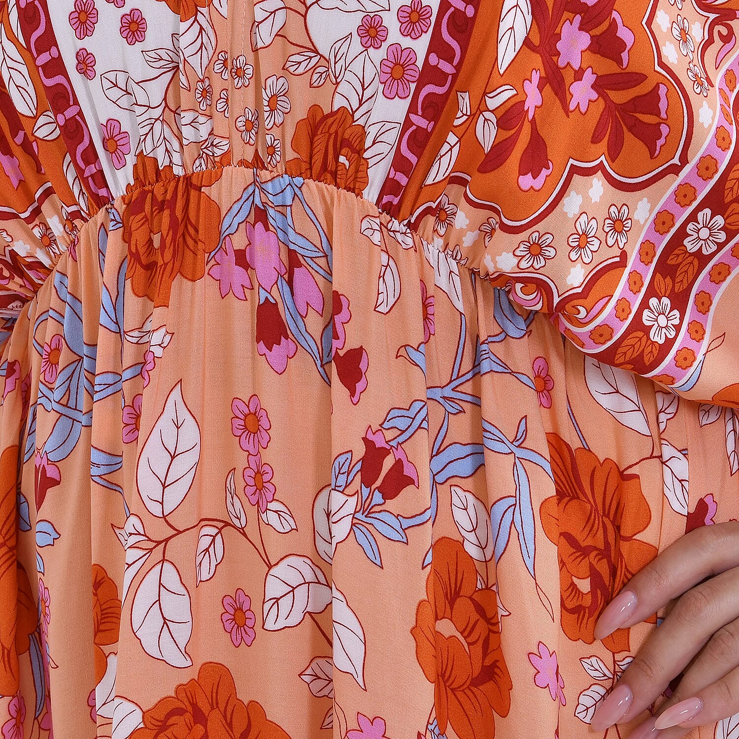 Set of 3 - TAMSY Mixed Printed Elastic Waist Maxi Dress in Red, Blue and Orange