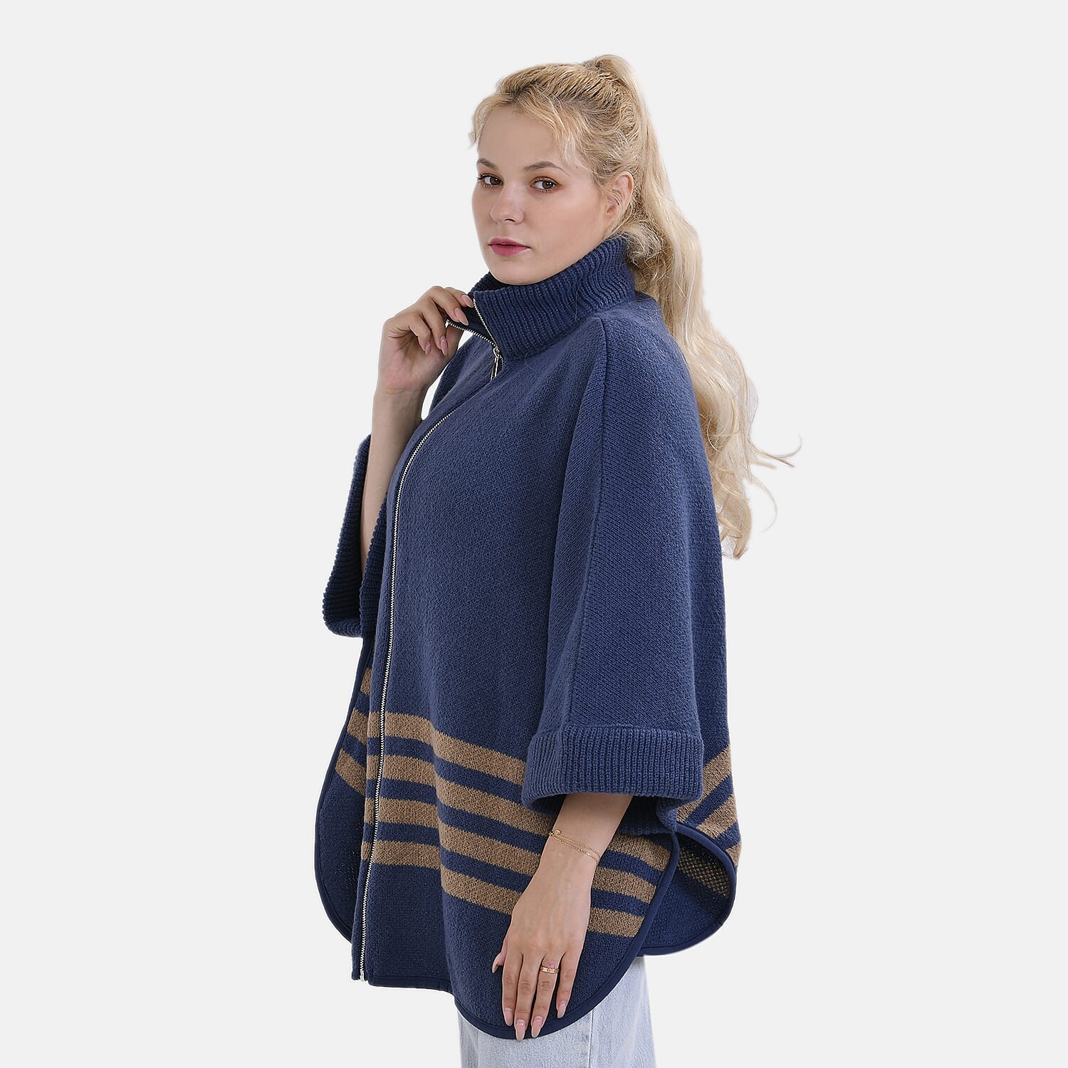 Set of 2 - Tamsy Winter Poncho with Zip Detail in Blue and Black