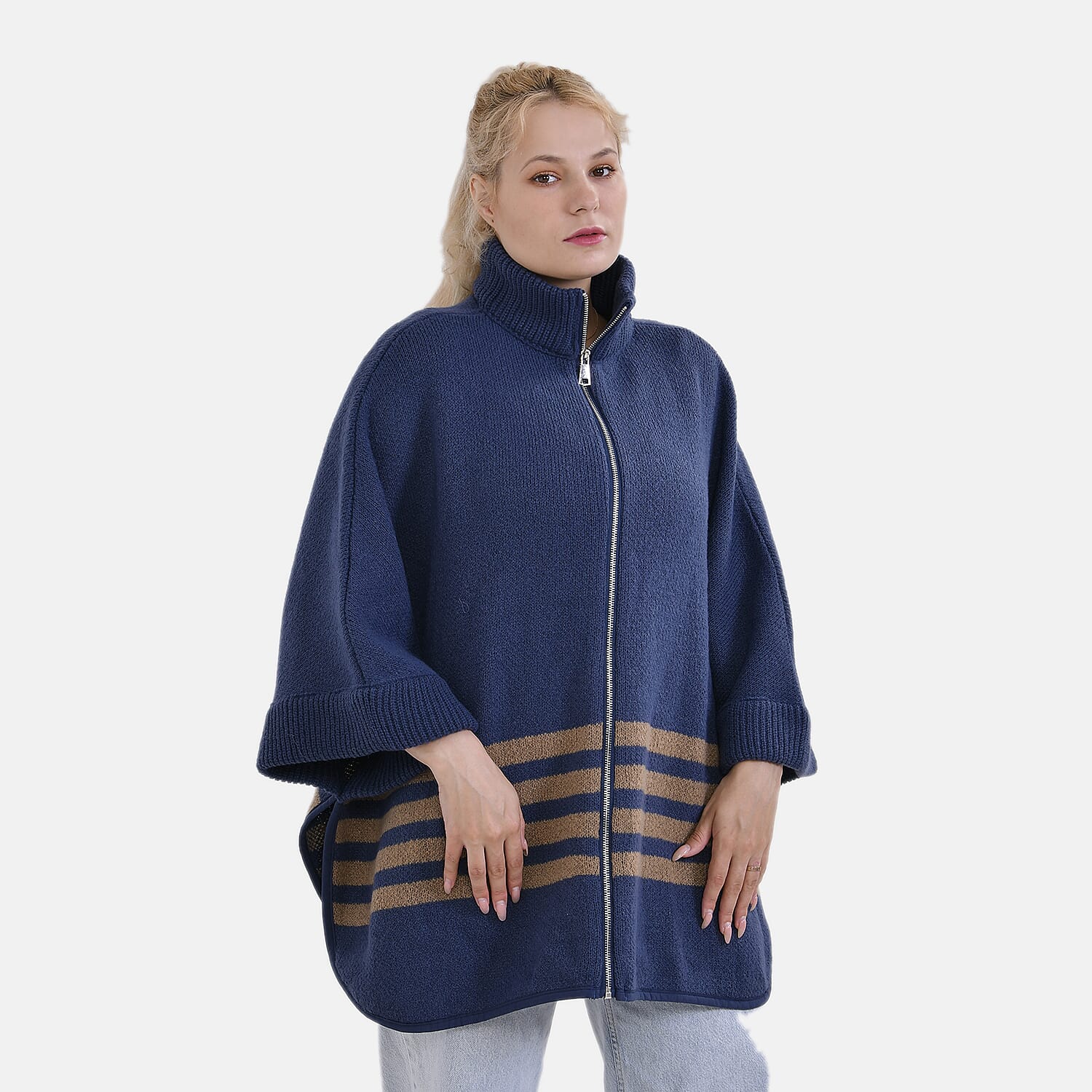 Set of 2 - Tamsy Winter Poncho with Zip Detail in Blue and Black
