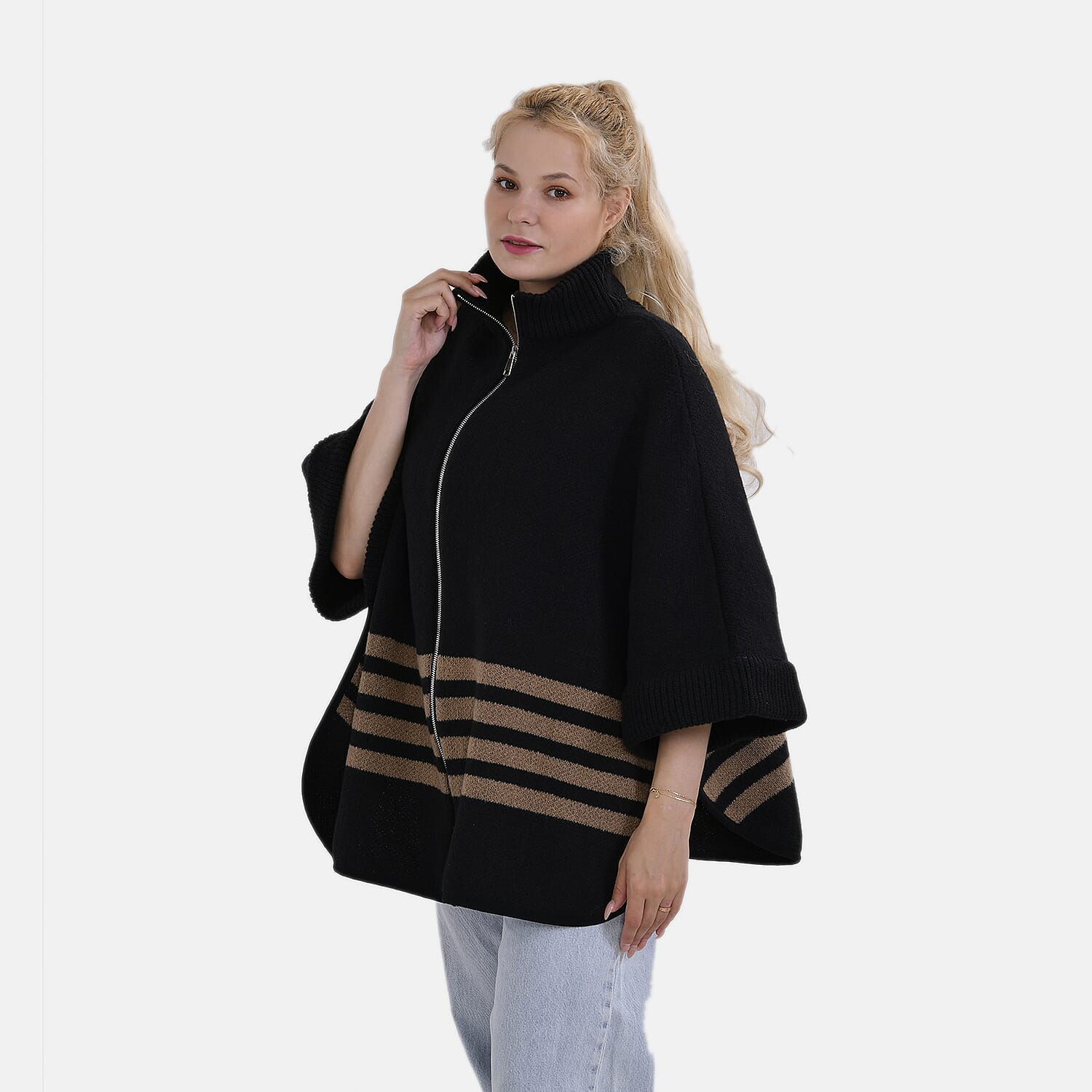 Set of 2 - Tamsy Winter Poncho with Zip Detail in Blue and Black