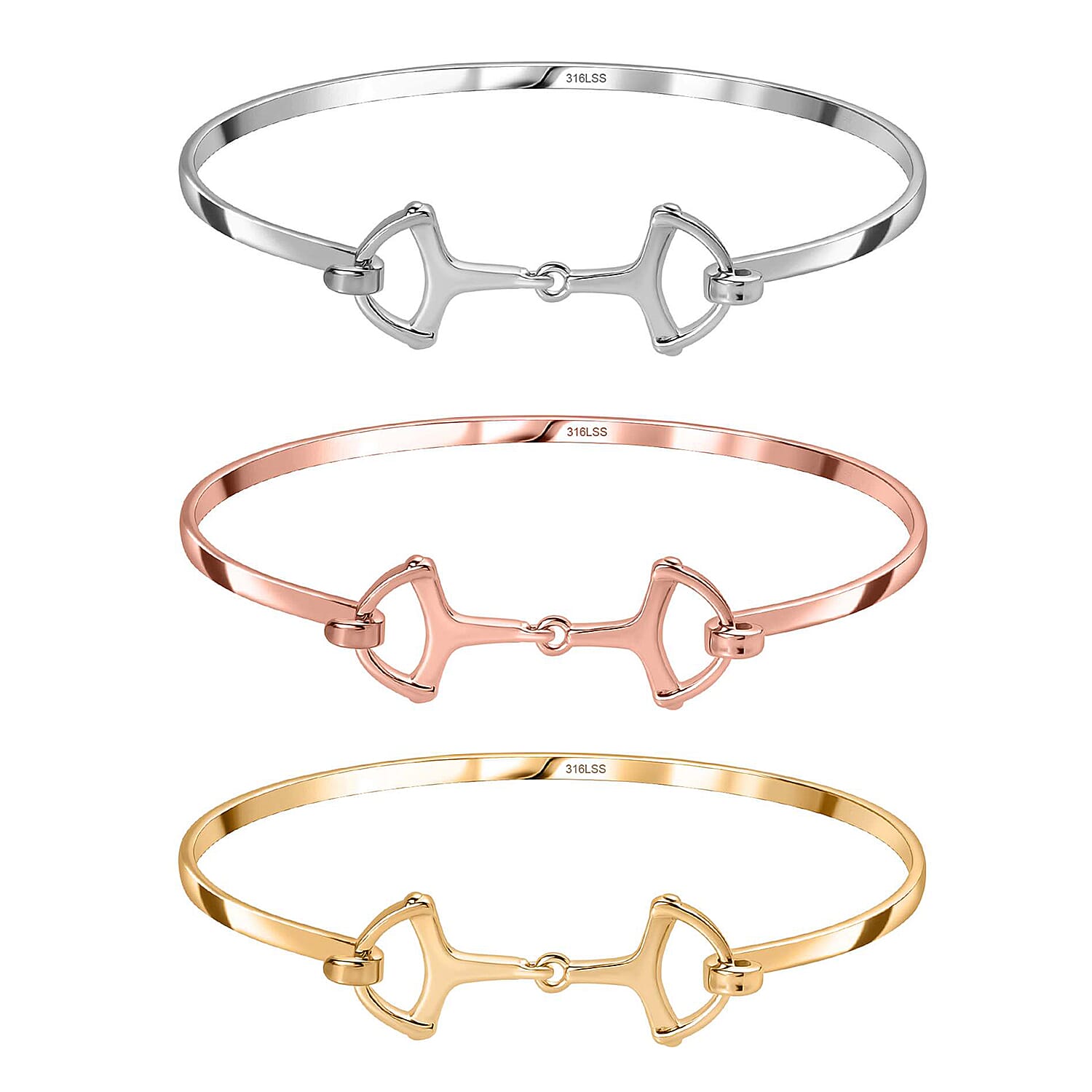 Set of 3 - Snaffle Bangles in Silver, Gold and Rose Gold Tone (Size 8.5)