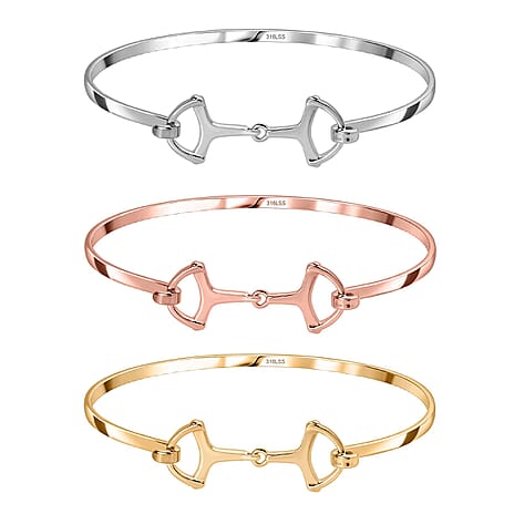 Set of 3 - Snaffle Bangles in Silver, Gold and Rose Gold Tone (Size 8.5)