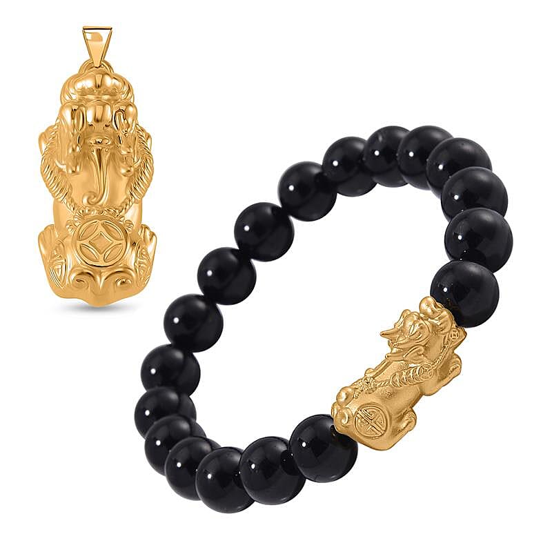 Pixiu Pendant in Yellow Gold Overlay Sterling Silver and Black Tourmaline Beads Bracelet (Size 7-7.5) with Pixiu in Yellow Gold Overlay Sterling Silver 120.00 Ct