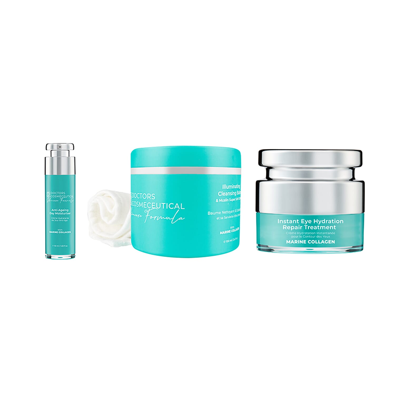 Doctors Formula Offer - Marine Collagen - Eye Cream 15mL, Anti-Ageing Day Moisturiser - 50mL & Illuminating Cleansing Balm with Muslin Clot- 100mL
