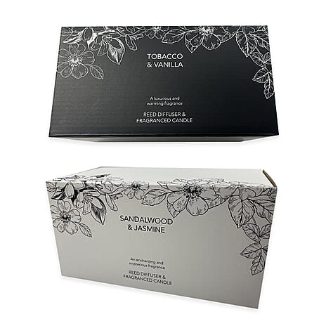 Pack of 2 Luxury Edition - Tobacco- Vanilla & Sandalwood- Jasmine Fragranced Diffuser - 200ML With Reeds & Double Wick Jar Candle- 400 Grams (Upto 80 Hr Burn Time)