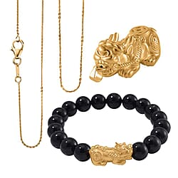 Black Tourmaline Beads Bracelet (Size 7-7.5) with Pixiu in Yellow Gold Overlay Sterling Silver 120.00 Ct