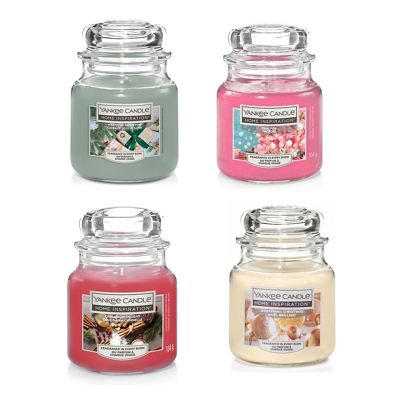 Set of 4 - Yankee Candle Home Inspiration - Glistening Christmas, Wrapping Paper Pine, Pink Pine & Cinnamon Delight - 104g x4