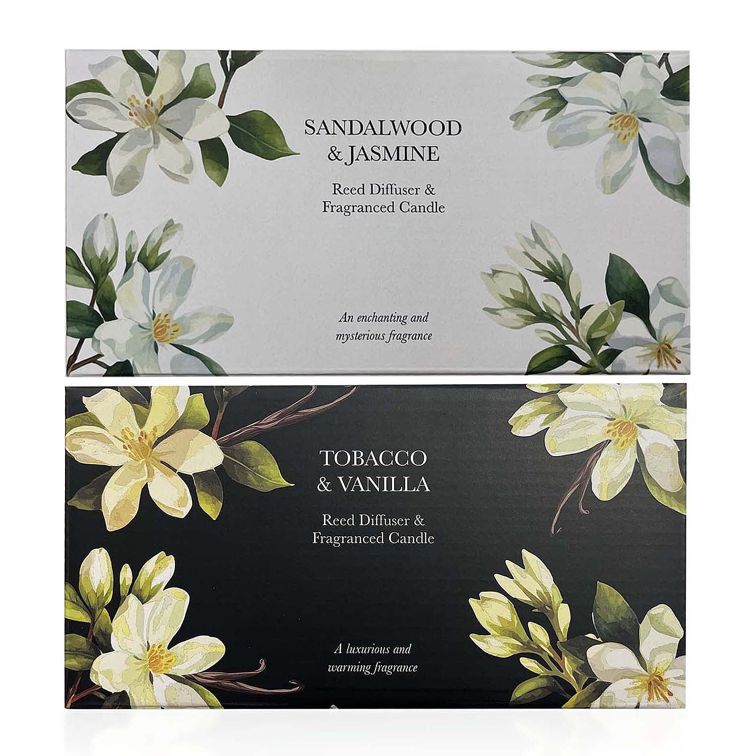 Tobacco- Vanilla & Sandalwood- Jasmine Fragranced Candle and Reed Diffuser Set