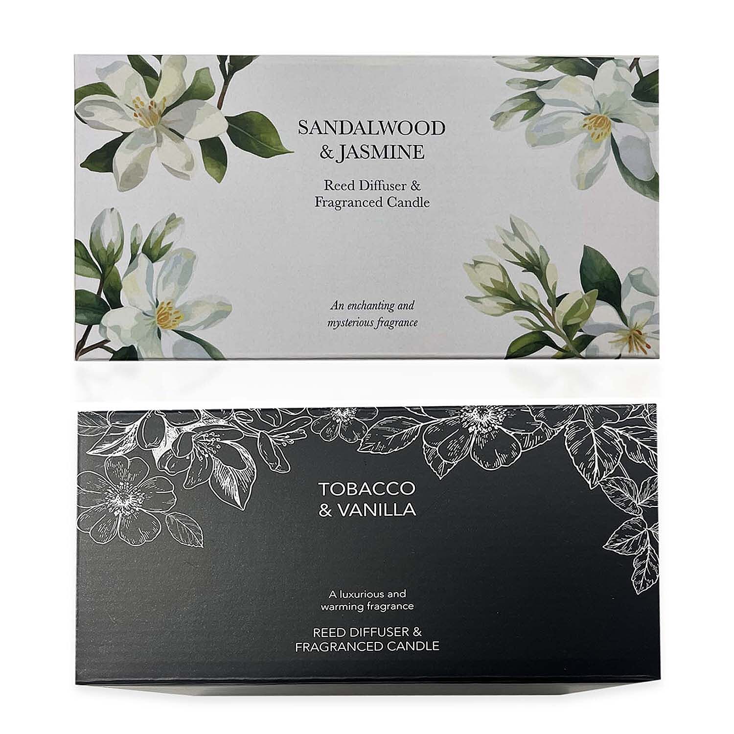 Value Bundle -Tobacco- Vanilla & Sandalwood- Jasmine Fragranced Diffuser - 200ML With Reeds & Double Wick Jar Candle- 400 Grams (Upto 80 Hr Burn Time)