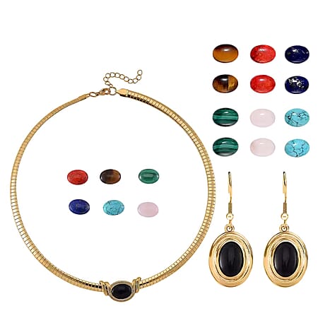 Multi Gemstones Interchangeable Necklace (18 - 20 Inch) and Drop Earrings in Yellow Tone in Pure Stainless Steel