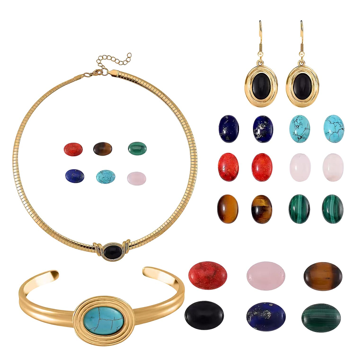 Multi Gemstones Interchangeable Necklace (18 - 20 Inch), Drop Earrings and Bangle in Yellow Tone in Pure Stainless Steel