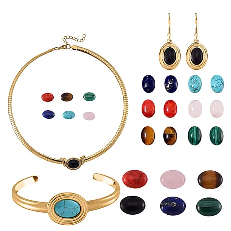 Multi Gemstones Interchangeable Necklace (18 - 20 Inch), Drop Earrings and Bangle in Yellow Tone in Pure Stainless Steel