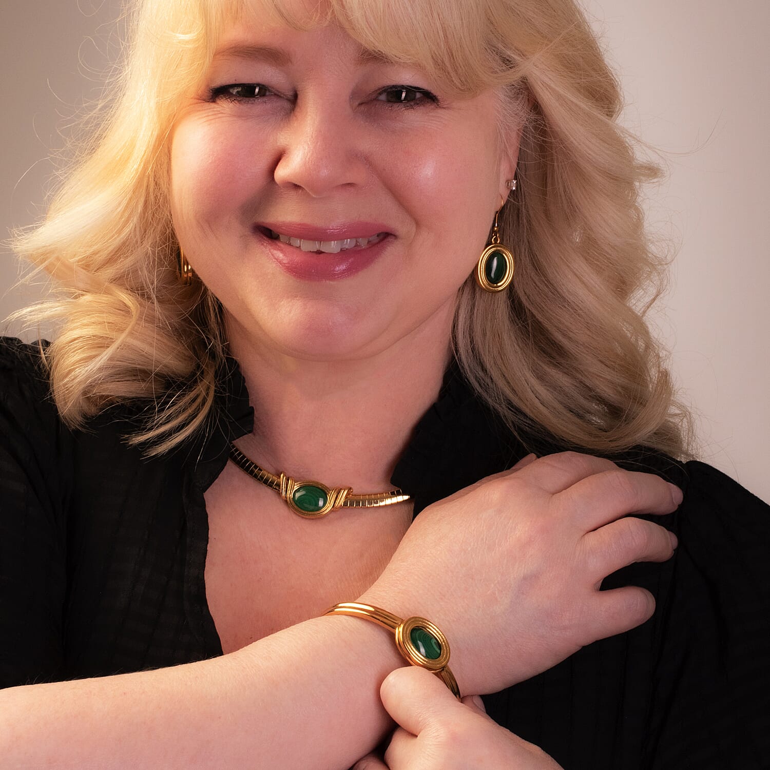 Multi Gemstones Interchangeable Necklace (18 - 20 Inch), Drop Earrings and Bangle in Yellow Tone in Pure Stainless Steel