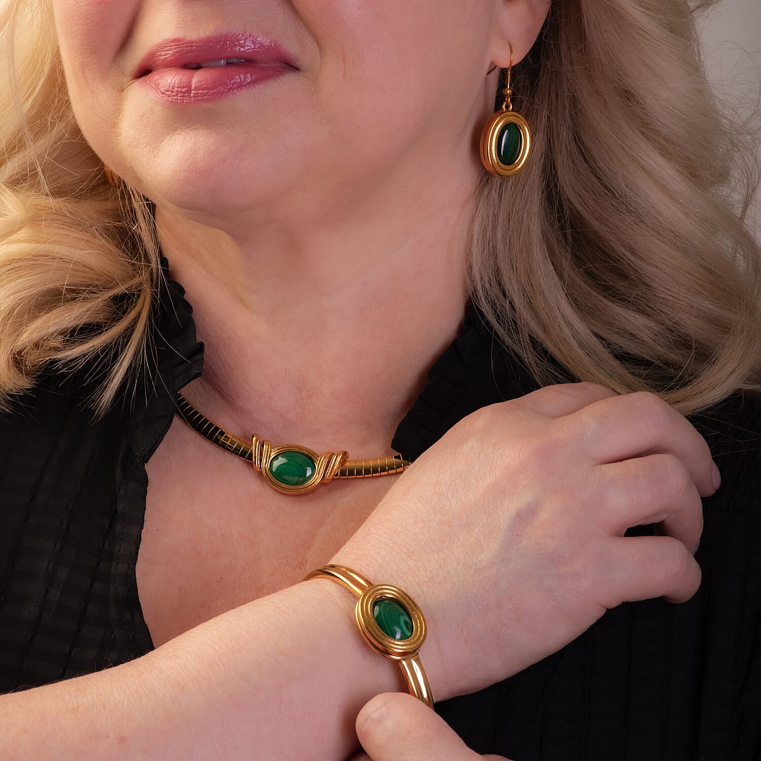 Multi Gemstones Interchangeable Necklace (18 - 20 Inch), Drop Earrings and Bangle in Yellow Tone in Pure Stainless Steel