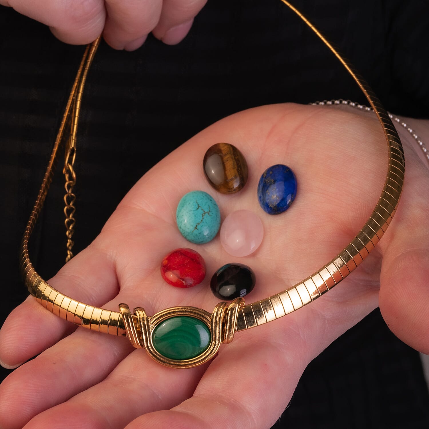 Multi Gemstones Interchangeable Necklace (18 - 20 Inch), Drop Earrings and Bangle in Yellow Tone in Pure Stainless Steel