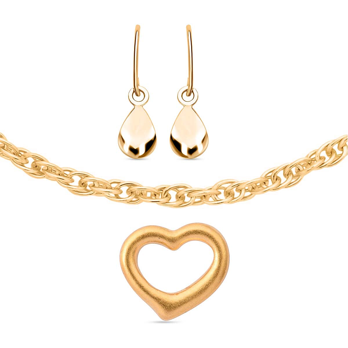 Valentine Special - Set of 9k Yellow Gold Drop Earrings, 24k Gold Heart Pendant & 9k Gold Prince of Wales Necklace