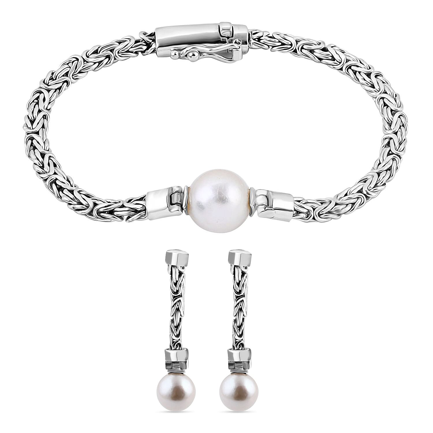 VALUE BUY Royal Bali - Edison Pearl Borobudor Earrings With Push Back in Sterling Silver 19.46 Ct &Edison Pearl Byzantine Bracelet (Size - 7.5) in Sterling Silver 11.73 Ct, Silver Wt. 15.23 Gms. Bundl