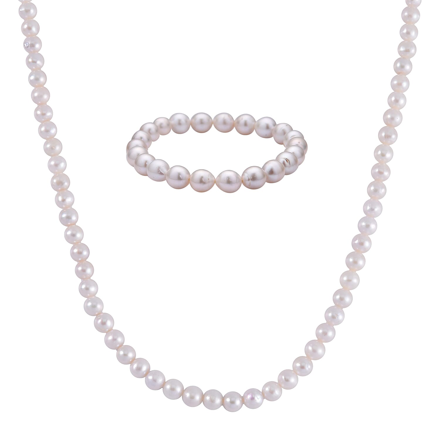 Special Deal - Set of AAA White Anhui Pearl Stone Stretchable Bracelet (Size 7-7.5) & AAA White Anuhi Pearl Necklace With Magnetic Clasp (Size - 20) in Rhodium Overlay Sterling Silver 170.0 Ct.