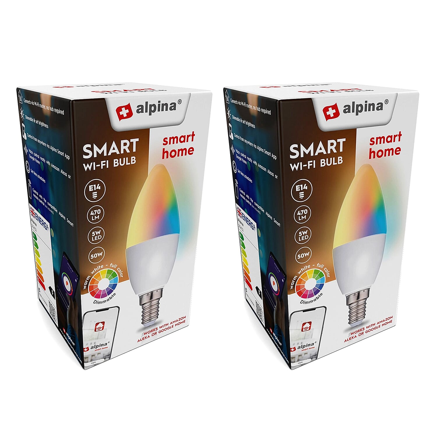 Set Of 2 - Alpina Smart Wi-Fi E14 LED Bulb (5W) - Voice and App Controlled Lighting (Works with Alexa or Google Home)