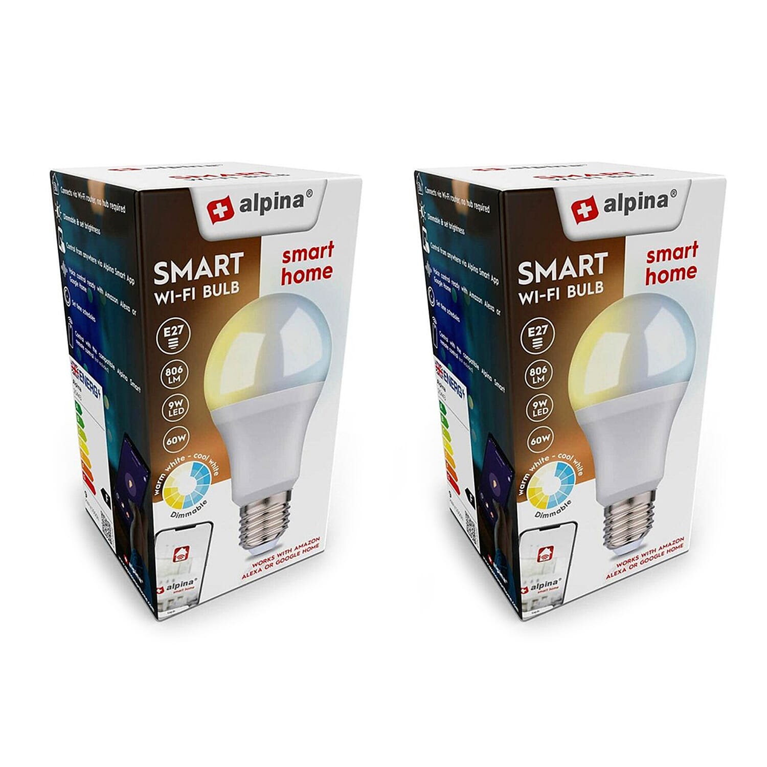 Set of 2 - Alpina RGB Smart Wi-Fi Bulb E27 9W - White (Works with Alexa or Google Home)