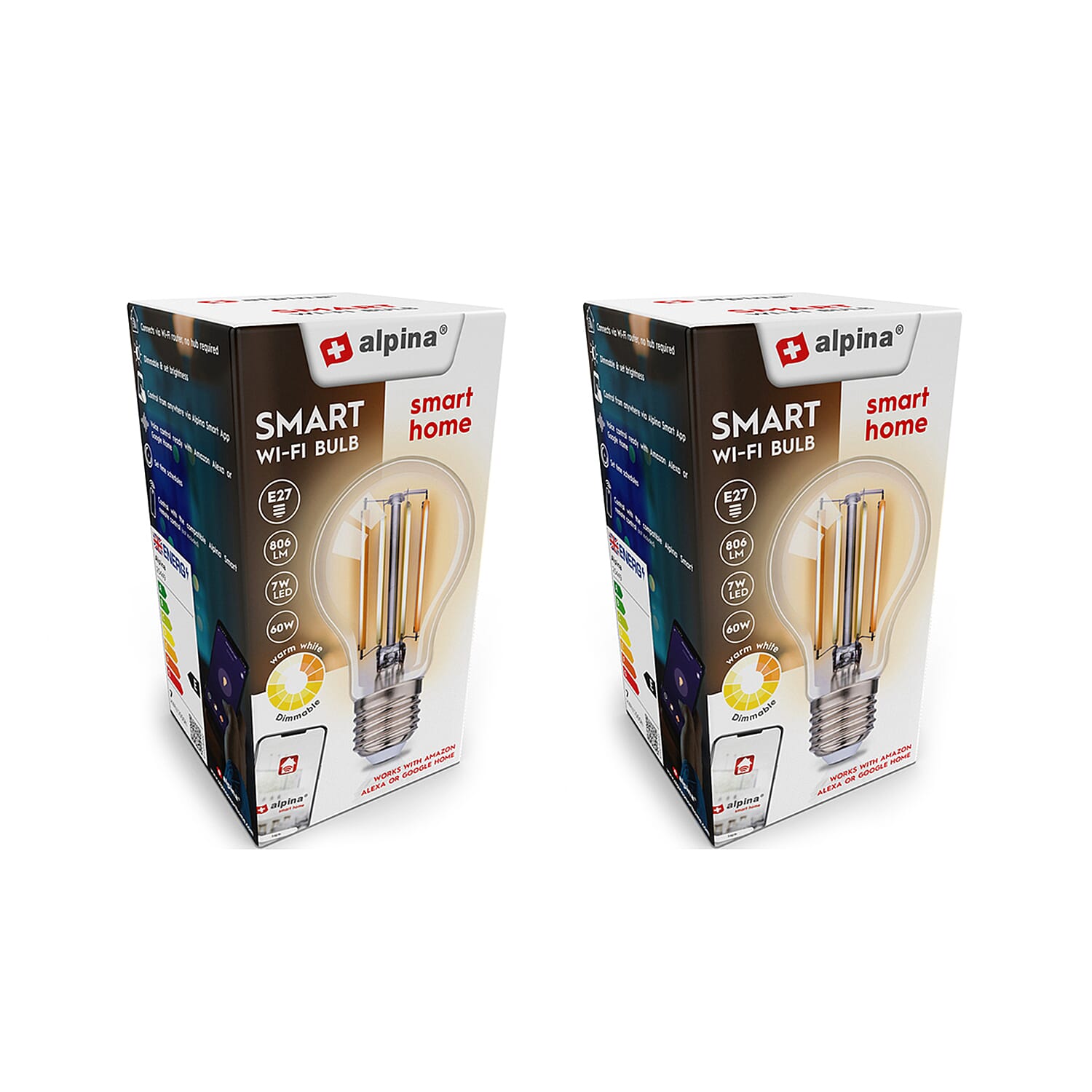 Pack of 2 Alpina RGB Smart Wi-Fi Bulb E27 7W - Retro Style