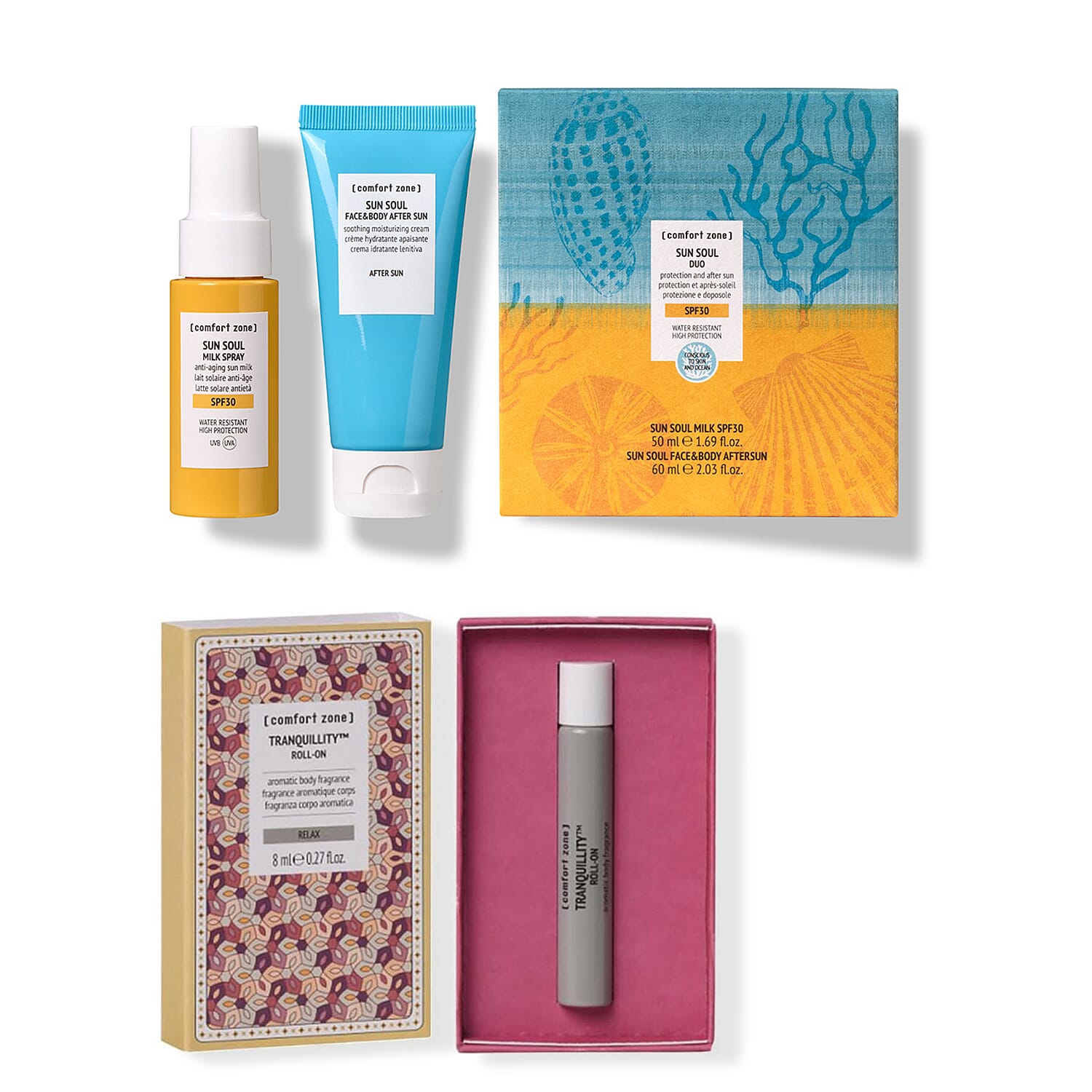 Comfort Zone Sun Soul Duo Kit (Includes- Sun Soul Milk SPF30 50ml, Sun Soul Face & Body Aftersun 60ml) & Comfort Zone Tranquillity Roll-On Bundle